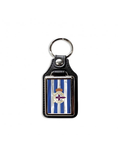 LLAVERO-DEPORTIVO-DE-LA-CORUÑA-ESCUDO-3D-FONDO-PIEL-SINTÉTICA-MARRON-ANILLA-METALICA-RAYAS-AZUL-DEPOR-BLANCAS