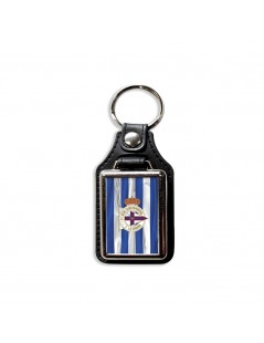 LLAVERO-DEPORTIVO-DE-LA-CORUÑA-ESCUDO-3D-FONDO-PIEL-SINTÉTICA-MARRON-ANILLA-METALICA-RAYAS-AZUL-DEPOR-BLANCAS