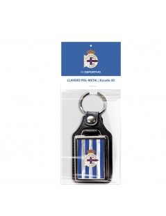 LLAVERO-DEPORTIVO-DE-LA-CORUÑA-ESCUDO-3D-FONDO-PIEL-SINTÉTICA-MARRON-ANILLA-METALICA-RAYAS-AZUL-DEPOR-BLANCAS