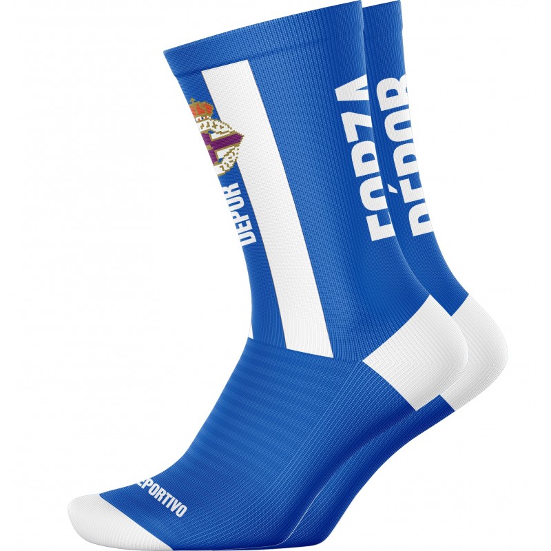 Technical-sports-socks-of-la-coruña-white-blue-shield-FORZA-DEPOR-compressive-breathable-sports-socks